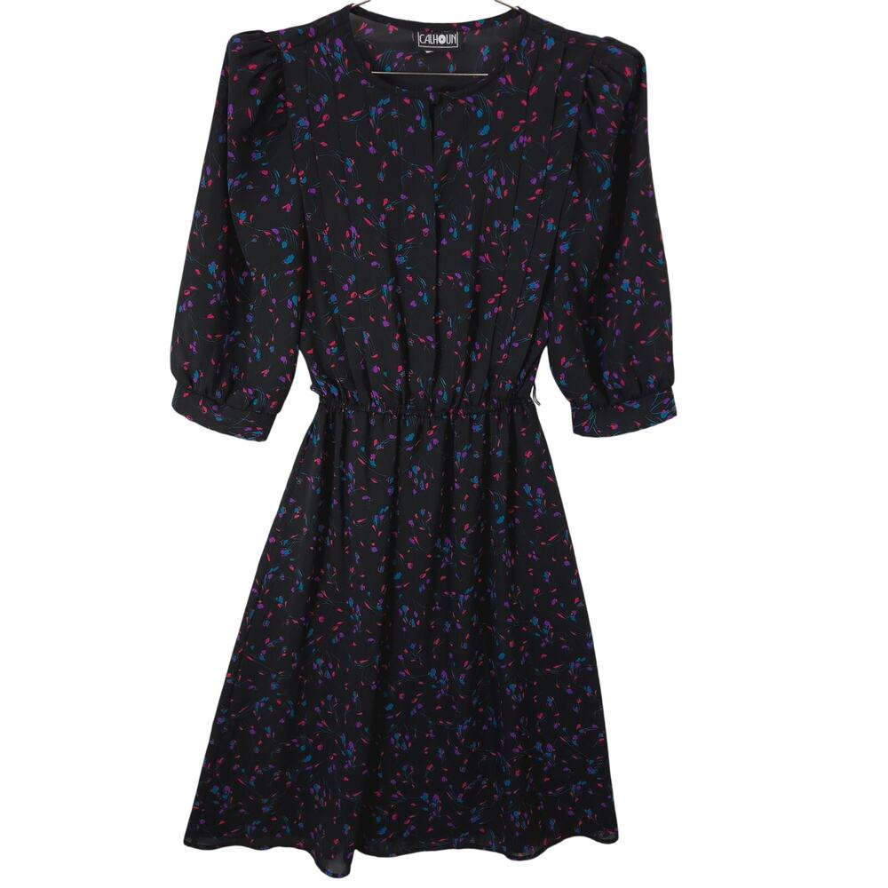 Vintage Calhoun Dress Womens 11/12 Black Floral Puff Sleeve Midi Made In USA